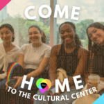 Photo of four people sitting on a bench in the Cultural Center smiling to the camera. Come Home to the Cultural Center.